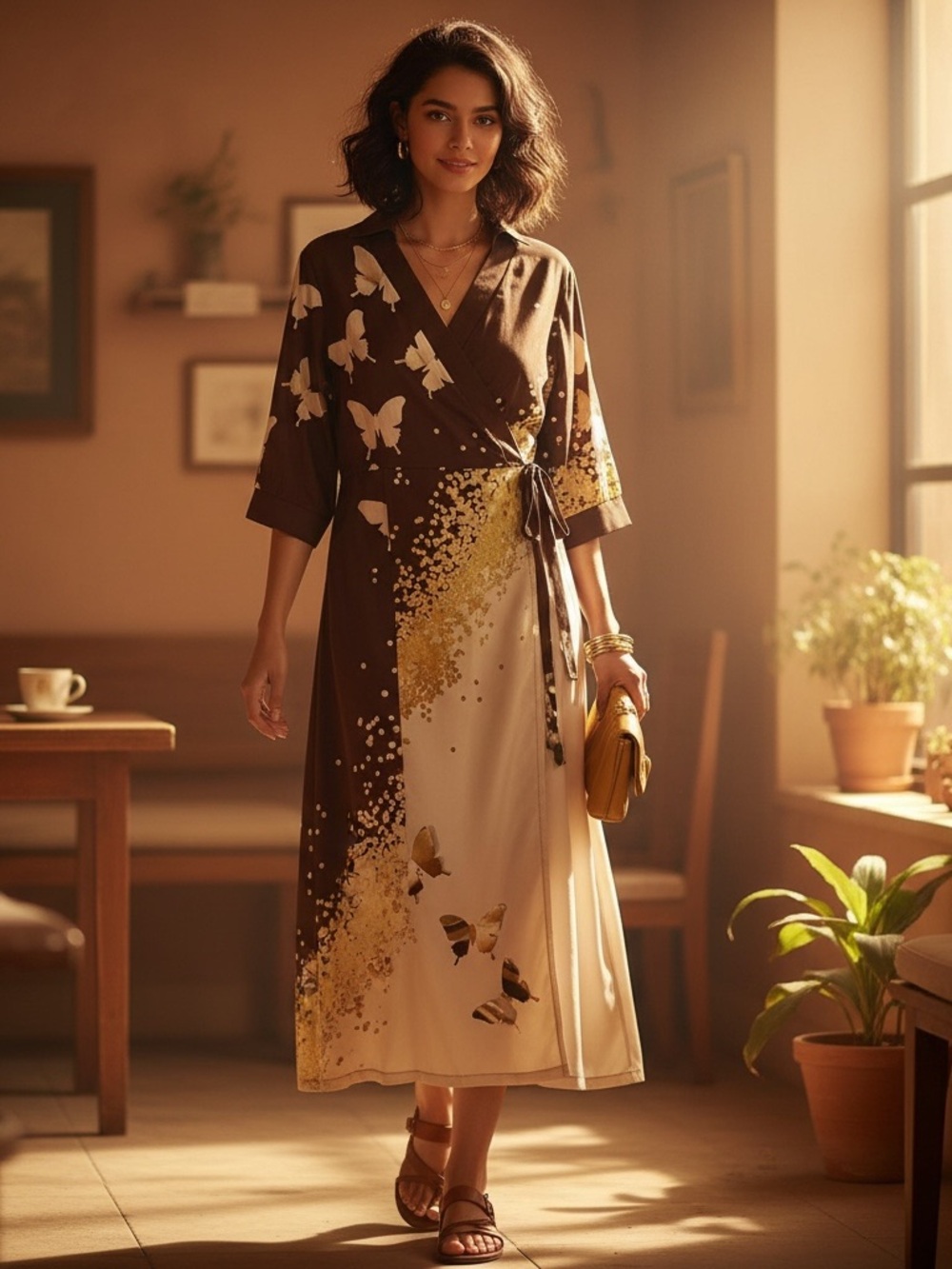 SHEIN Brown & Cream Butterfly Print Wrap Midi Dress